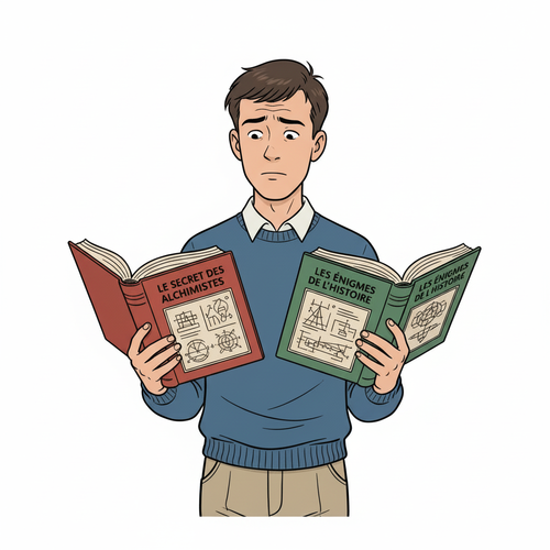 A young man is comparing two books, one in each hand, in the style of Hergé's 'ligne claire' (clear line). Comparison with Akka
