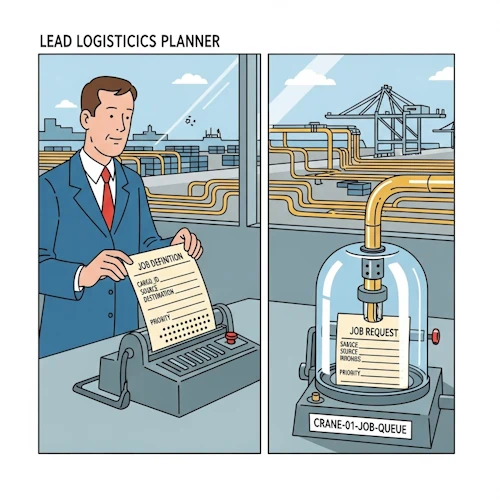 In the Port Supervisor's office, a glass-walled room overlooking the vast cargo terminal, our protagonist, the Lead Logistics Planner, is preparing a 'job request' message.
He takes a stiff, manila-colored punch card—the 'job definition'—which is pre-printed with fields like 'CARGO_ID', 'SOURCE', 'DESTINATION', and 'PRIORITY'. He carefully feeds this card into a small, desktop console that whirs and punches a unique pattern of holes into it.
He then places this newly-punched card into a transparent pneumatic tube capsule, which is clearly labeled with the destination address 'CRANE-01-JOB-QUEUE'. With a decisive flick of a lever, the capsule is whisked away into a network of polished brass tubes that lead out towards the massive gantry crane visible in the distance.
The art style is Ligne Claire, inspired by Hergé: clean, precise black outlines of uniform weight, bright flat colors with no shadows. The atmosphere is one of professional efficiency and formal procedure, showing the exact, structured process of submitting a single work order into a powerful, automated system. CRecordAddJob