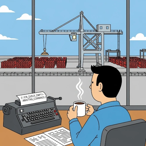 In the Port Supervisor's office, our protagonist is looking over his shipping manifests. Suddenly, a vintage-style teletype machine on his desk, which had been silent, clatters to life. It prints a single, clean line of text onto a strip of paper: // JOB_QUEUE_EMPTY -- AWAITING_COMMANDS //.
The protagonist reads the message, nods with satisfaction, and looks out the panoramic window. The scene below is one of peaceful order. The vast dock, previously filled with a long queue of red crates, is now completely empty.
The colossal gantry crane is silent and motionless, its robotic arms neatly folded back into a 'home' or 'standby' position. A single, steady white light on its control cabin indicates it is idle but powered on and ready. The protagonist takes a relaxed sip from a coffee mug, enjoying a moment of calm before the next wave of work begins.
The art style is Ligne Claire, inspired by Hergé: clean, precise black outlines of uniform weight, bright flat colors with no shadows. The atmosphere is one of quiet satisfaction, orderly completion, and a moment of calm readiness. CRecordNoMoreJobs