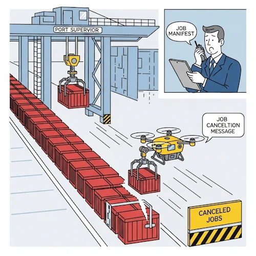 In the bustling cargo terminal, a sudden change in priority has occurred. Our protagonist, the Port Supervisor, speaks urgently into a walkie-talkie while looking at an updated manifest. He has sent a 'job cancellation' message.
In response, a small, nimble, bright yellow service drone zips down from the main control tower. It flies directly to the long queue of red supply crates waiting for the gantry crane. Ignoring the other crates, it uses its specialized magnetic clamps to deftly lift one specific crate—the one whose ID was in the cancellation message—out of the line.
The drone then flies this single crate away to a 'CANCELED JOBS' holding area, clearly marked with yellow-and-black stripes. The main gantry crane, which was about to pick up that very crate, pauses for a moment, then re-calibrates and moves on to the next one in the queue, its workflow uninterrupted.
The art style is Ligne Claire, inspired by Hergé: clean, precise black outlines of uniform weight, bright flat colors with no shadows. The atmosphere is one of dynamic control and responsive management, showing the system's ability to react to changing priorities in real-time. CRecordRemoveJob