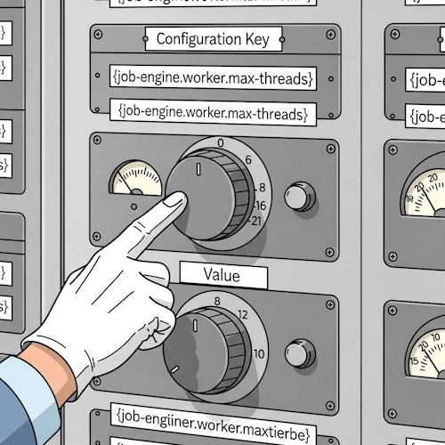 A detailed close-up shot of a section of the 'Master Configuration Panel' from our expedition's control room. The panel is made of brushed metal with beautifully crafted analog controls.
Our mentor, the Chief Engineer, is pointing a gloved finger at a specific, immaculately engraved label on the panel. This label is the 'Configuration Key'. It reads, in a clean, sans-serif font: '`job-engine.worker.max-threads`'. The hierarchical nature of the key is clear from the dot notation.
Next to this specific label is a robust, satisfying-looking rotary dial. The dial itself, currently set to the number '8', is the 'value' associated with that key. The engineer is explaining to an apprentice that the engraved label is the permanent, unique 'key' that a programmer uses to find and read the 'value' from the dial.
The panel is filled with other such key-value pairs, creating a rich texture of labels and controls, all perfectly organized.
The art style is Ligne Claire, inspired by Hergé: clean, precise black outlines of uniform weight, bright flat colors with no shadows. The atmosphere is one of absolute precision and clarity, a focused lesson on how to navigate a complex configuration map by using its unique, named coordinates. Configuration Keys