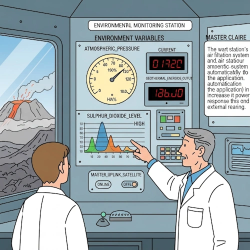 Inside a specialized 'Environmental Monitoring Station' on a rugged volcanic island, our protagonist, now a senior scientist, is explaining a critical concept to a junior researcher.
He points to a master instrument panel on the wall. This panel doesn't have controls to change things, only readouts that display the current, unchangeable 'Environment Variables' of the outside world:
- A large gauge labeled 'ATMOSPHERIC_PRESSURE' shows a reading for the current air pressure.
- A digital display shows the 'GEOTHERMAL_ENERGY_OUTPUT' from the nearby volcano.
- A chemical sensor graph is labeled 'SULPHUR_DIOXIDE_LEVEL'.
- A simple switch indicator shows the status of the 'MASTER_UPLINK_SATELLITE' (either 'ONLINE' or 'OFFLINE').
The scientist is pointing at the 'SULPHUR_DIOXIDE_LEVEL' graph, which is currently high. He explains to the junior researcher how the station's air filtration system ('the application') automatically increases its power in response to this external reading. Through the reinforced window, the hazy, volcanic landscape is visible.
The art style is Ligne Claire, inspired by Hergé: clean, precise black outlines of uniform weight, bright flat colors with no shadows. The atmosphere is one of intelligent adaptation, showing how a smart system reads and reacts to the specific conditions of the environment in which it is running. Environment Variables