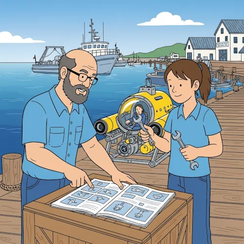 On a sun-drenched wooden dock next to a marine biology research station, an experienced, bearded oceanographer patiently guides a young, eager assistant as they assemble a small, bright yellow one-person submersible. They are referencing a large, open instruction manual laid out on a wooden crate. The oceanographer points to a specific part of the vehicle, and the assistant listens intently, holding a wrench, ready for the next step. Their expressions show focus, excitement, and a strong sense of teamwork. In the background, the calm blue sea, other research boats, and the white building of the station are visible under a clear sky.
The art style is Ligne Claire, inspired by Hergé: clean, precise black outlines of uniform weight, bright flat colors with no shadows or gradients. The detailed, realistic background of the harbor and research station contrasts with the simply drawn, expressive characters. The overall atmosphere is one of enthusiastic mentorship, careful preparation, and the beginning of a fascinating underwater expedition. Getting Started