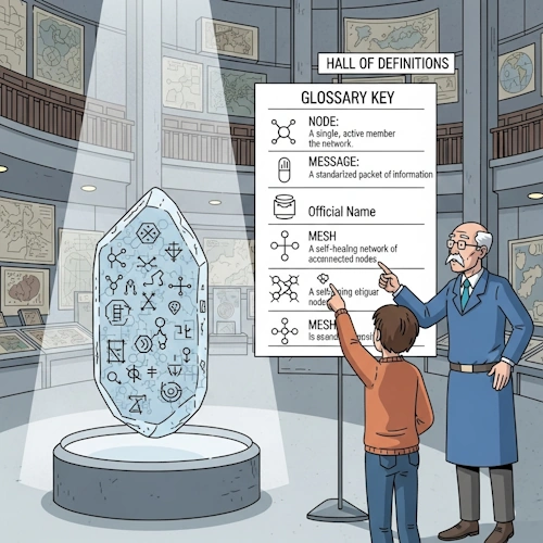 Inside the grand and scholarly 'Hall of Definitions' at the expedition's central museum, our protagonist, now a venerable Chief Linguist, is explaining the most important artifact to an eager student.
Before them, on a pedestal under a spotlight, is a large, mysterious crystalline artifact—the 'Rosetta Stone' of <ss-nn1>nyssr</ss-nn1><ss-nn2>.net</ss-nn2>. The artifact is covered in strange, intricate symbols representing the core concepts of the system.
Crucially, next to it, a large, beautifully printed chart acts as the glossary key. It lists several of the symbols from the artifact and provides their official name and a simple, clear definition. For instance:
- A symbol of interconnected dots is labeled 'NODE: A single, active member of the network.'
- A symbol of a sealed capsule is labeled 'MESSAGE: A standardized packet of information.'
- A symbol of a branching network is labeled 'MESH: A self-healing network of interconnected nodes.'
The student is pointing at one entry on the chart and then back at the corresponding symbol on the artifact, a look of dawning comprehension and excitement on their face.
The art style is Ligne Claire, inspired by Hergé: clean, precise black outlines of uniform weight, bright flat colors with no shadows. The detailed background of the museum hall (with other exhibits and maps) contrasts with the clear, focused action in the foreground. The atmosphere is one of profound scholarly discovery, the moment of unlocking a new language and achieving perfect clarity. Glossary