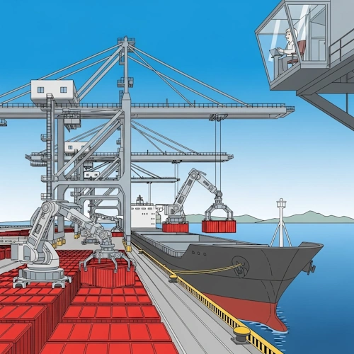 A majestic, panoramic view of the entire 'Job Engine' at peak operation in the bustling cargo terminal under a clear blue sky.
The centerpiece is the colossal gantry crane, a marvel of industrial engineering that spans the entire dock. It features multiple, independent robotic arms—'the threads'—all working simultaneously in a perfectly synchronized, relentless rhythm.
We see the complete workflow in a single snapshot:
- One arm is picking a bright red crate—'a job'—from a vast, orderly queue on the dock.
- Another arm is swinging gracefully over the water towards the ship.
- A third arm is precisely placing its crate into the open hold of a massive cargo vessel.
High above, the small glass control cabin is visible, where a single operator monitors the entire autonomous process, a master overseeing his powerful creation. In the background, the open sea and distant mountains complete the epic scene.
The art style is Ligne Claire, inspired by Hergé: clean, precise black outlines of uniform weight, bright flat colors with no shadows. The atmosphere is one of overwhelming scale and powerful, tireless automation—a system designed to handle immense workloads with perfect efficiency. IJobEngine