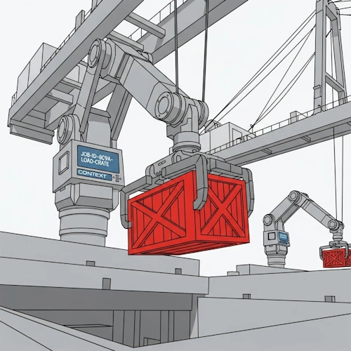 A dramatic, low-angle close-up view of the colossal gantry crane in action. The focus is entirely on a single, powerful robotic arm—this is the 'Job Thread'.
The arm is currently executing a single task with immense precision. It has securely gripped a bright red supply crate ('the job') and is smoothly lifting it. A small, integrated display screen on the arm's 'wrist' glows, showing the job's unique ID: 'JOB-ID-8C9A-LOAD-CRATE'. This is the 'context' the thread is working on.
In the blurred background, another identical arm can be seen starting to lift its own crate, hinting at the parallel processing power of the engine, but the focus remains sharply on this one active thread. The arm moves with powerful, efficient grace against the backdrop of the cargo ship's open hold.
The art style is Ligne Claire, inspired by Hergé: clean, precise black outlines of uniform weight, bright flat colors with no shadows. The atmosphere is one of focused, powerful execution, a close-up look at a single worker bee inside the massive hive of the job engine. IJobThread
