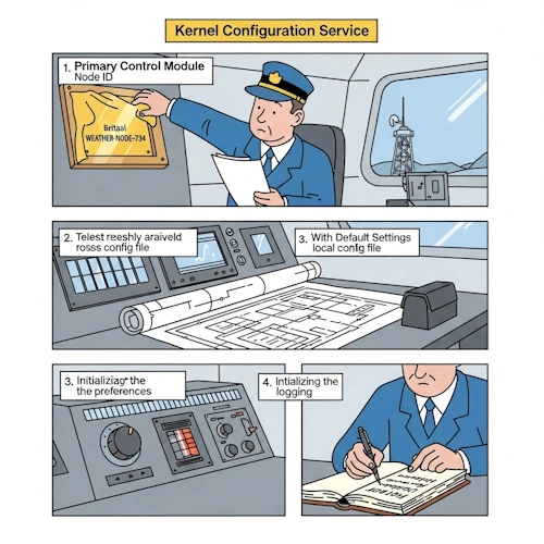 At the precise moment of activation inside the Primary Control Module of a brand-new, unmanned weather station on a remote, stormy cliff, our most senior figure, the Expedition Director, performs the official commissioning ceremony. This sequence of actions is the 'Kernel Configuration Service'.
He performs a series of checks, representing the reading of the configuration from its various sources:
1. He first unveils a newly-minted, gleaming brass plaque on the main console, officially bestowing the station's unique **Node ID**: 'WEATHER-NODE-734'.
2. Next, he reads a freshly-arrived teletype message (a 'remote config file') and cross-references it with a large, rolled-out technical blueprint on the table (a 'local config file').
3. Then, with this data confirmed, he makes a single, deliberate adjustment to a master 'Default Settings' dial on the main console, thus **initializing the preferences**.
4. Finally, with a classic fountain pen, he makes the very first, ceremonial entry on the pristine first page of a thick, brand-new, leather-bound logbook, officially **initializing the logging**.
The art style is Ligne Claire, inspired by Hergé: clean, precise black outlines of uniform weight, bright flat colors with no shadows. The atmosphere is one of a solemn, foundational moment—the birth of a new, autonomous entity in the network, conducted with immense responsibility and perfect order. IKernelConfiguration