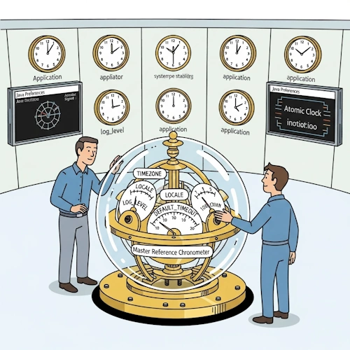 In the serene and climate-controlled 'Chronometry Vault' at the apex of the main research base, our highest-ranking mentor, the Expedition Director, is showing the Master Reference Chronometer to our protagonist.
This device is the 'Java Preferences'. It is not a simple clock, but a magnificent, gyroscope-stabilized sphere of polished brass and cut crystal, humming with a quiet internal energy. Intricate dials and gauges are visible beneath the glass, representing the core, system-wide default settings: 'TIMEZONE', 'LOCALE', 'LOG_LEVEL', 'DEFAULT_TIMEOUT'.
The Director is not adjusting it, but rather observing it, comparing its reading to an atomic clock signal displayed on a nearby screen. This act signifies that these settings are foundational, authoritative, and rarely changed. Around the circular room, several smaller 'application' clocks on the walls are all perfectly synchronized to the master device, their hands moving in unison with it, demonstrating its system-wide influence.
The art style is Ligne Claire, inspired by Hergé: clean, precise black outlines of uniform weight, bright flat colors with no shadows. The atmosphere is one of profound respect for a central, authoritative truth, the unchangeable heart that gives the entire system its fundamental character and rhythm. Importing JAVA preference files
