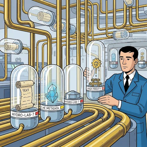 In the bustling, central 'Message Dispatch' room of the main research base, we see a close-up of the system in action. The 'Message' itself is a sleek, standardized, transparent pneumatic tube capsule.
We can see several of these capsules, illustrating their structure:
1. **The Payload:** Inside each capsule is a different type of payload, visually showing that messages have different contents and purposes. One contains a tightly rolled scroll (text data), another a single, glowing blue crystal (a complex data object), and a third holds a small, perfect brass gear (a command or instruction).
2. **The Metadata:** The capsule itself is clearly labeled on the outside with a destination address (e.g., 'HYDRO-LAB-7') and a prominent color-coded priority band (e.g., red for high priority).
A focused communications officer is just about to place one of these carefully prepared capsules into the entry port of a vast, intricate network of polished brass pneumatic tubes that criss-cross the room. In the background, other capsules can be seen whizzing through the transparent tubes.
The art style is Ligne Claire, inspired by Hergé: clean, precise black outlines of uniform weight, bright flat colors with no shadows. The atmosphere is a whir of controlled activity and high-speed, reliable communication. Messages