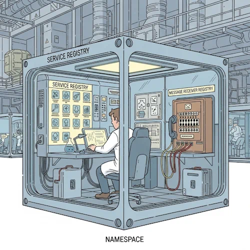 Inside the vast main hangar of the research base, we see a single, self-contained, modular science pod. This transparent, cube-shaped pod is the 'Namespace'.
Inside the pod, a single, focused scientist—the 'Thread'—is actively working. The pod's interior is a masterpiece of compact design and contains everything he needs:
1. To his left is a beautifully organized, wall-mounted 'Service Registry' panel. It features a series of illuminated, labeled sockets for different tools (e.g., icons for 'Geological Scanner', 'Atmosphere Analyzer', 'Microscope'). This is the registry for services.
2. To his right is a vintage-style telephone switchboard with neatly arranged patch cords and labeled ports. This is the 'Message Receiver Registry', controlling where incoming information is routed.
3. The scientist himself, operating the controls, represents the active, processing 'Thread'.
The art style is Ligne Claire, inspired by Hergé: clean, precise black outlines of uniform weight, bright flat colors with no shadows or gradients. The detailed background of the larger hangar contrasts with the clear, focused activity inside the pod. The atmosphere is one of perfect organization, isolation, and self-sufficiency—a microcosm of dedicated work. Namespaces