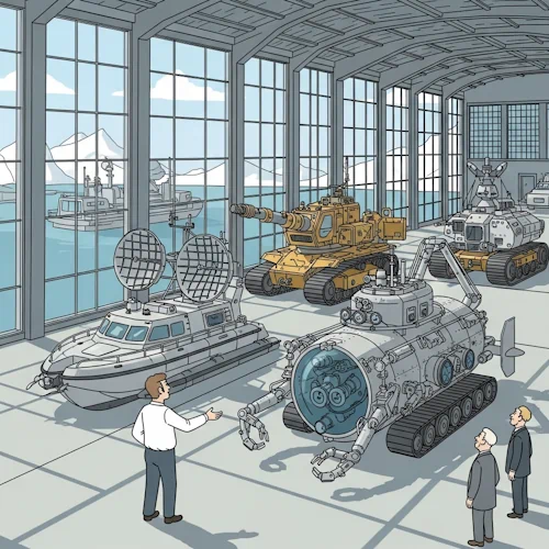Inside a vast, sun-drenched vehicle bay with massive windows looking out onto a bustling arctic harbor, our protagonist, now the proud Chief Architect, is presenting a fleet of completed, specialized vehicles to an impressed dignitary, perhaps a Minister of Science.
Each vehicle is a distinct 'Application', ready for its mission:
1. In the center is a heavy-duty, deep-sea research submersible, bristling with sensors and robotic arms (a complex, data-intensive backend application).
2. To the side is a sleek, rapid-deployment surface skiff with a large communications array (a lightweight, fast messaging or frontend application).
3. Behind them is a rugged, all-terrain tracked crawler equipped for geological surveys (a specialized data processing and analysis application).
The Architect gestures towards the fleet with a sweep of his arm, a look of immense satisfaction on his face. The dignitary looks on with awe and admiration.
The art style is Ligne Claire, inspired by Hergé: clean, precise black outlines of uniform weight, bright flat colors with no shadows. The background is filled with the impressive architecture of the bay and the activity in the harbor. The atmosphere is one of proven capability, immense pride, and the tangible results of a powerful and versatile development system. Overview Applications