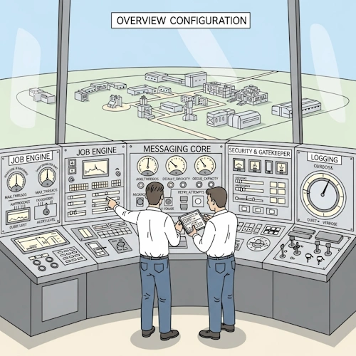 Inside the master control room at the very top of the central command tower, our protagonist, now the esteemed Expedition Director, and his Chief Engineer stand before a sweeping, semi-circular wall of meticulously organized control panels. This entire wall is the 'Overview Configuration'.
The wall is divided into clearly labeled sections, each controlling a major subsystem of the base, and filled with a beautiful array of analog dials, robust levers, and indicator lights:
- One section is labeled 'JOB ENGINE' and has dials for 'MAX_THREADS' and 'QUEUE_CAPACITY'.
- Another, labeled 'MESSAGING CORE', has switches for 'DEFAULT_PRIORITY' and 'RETRY_ATTEMPTS'.
- A third section, 'SECURITY & GATEKEEPER', features a series of authorization key slots and alert level indicators.
- A final section, 'LOGGING', has a large dial to set the verbosity from 'QUIET' to 'VERBOSE'.
The two are calmly reviewing the system's status. The Director points to a specific dial on the 'JOB ENGINE' panel, and the Engineer, after consulting a data tablet, makes a small, careful adjustment with a specialized calibration tool. Through the huge panoramic window behind them, the entire, sprawling research base is visible below, a testament to the system they command from this single room.
The art style is Ligne Claire, inspired by Hergé: clean, precise black outlines of uniform weight, bright flat colors with no shadows. The atmosphere is one of total oversight, calm command, and the quiet power of having every single tunable parameter of the entire system clearly laid out and accessible. Overview Configuration