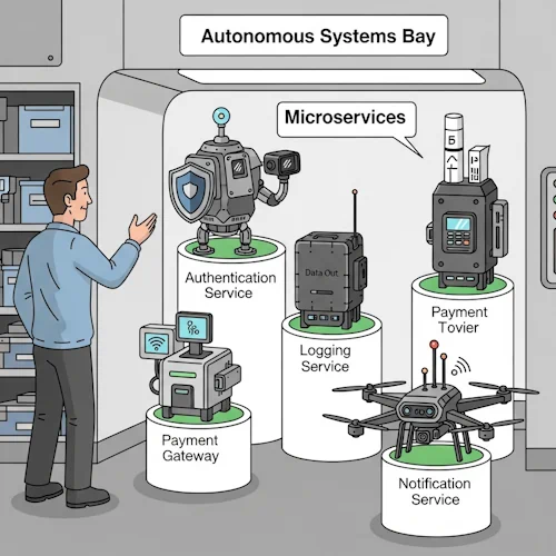 In the pristine and highly-organized 'Autonomous Systems Bay' of the research expedition, our protagonist, now the Chief Systems Engineer, is giving a tour to a visiting engineer. He gestures with pride towards a brightly-lit alcove displaying a collection of specialized, autonomous support robots. These are the 'Microservices'.
Each robot is on its own charging pedestal, ready for deployment, and is designed for a single, specific purpose:
1. One robot, the 'Authentication Service', is a sleek, armored sentry bot with a shield emblem and a sophisticated optical scanner.
2. Another, the 'Logging Service', is a compact, robust robot that resembles a mobile 'black box' recorder with a simple data-out port.
3. A third, the 'Payment Gateway', is a secure bot with a built-in, tamper-proof card reader and a small, discreet receipt printer.
4. A fourth, the 'Notification Service', is a nimble drone with multiple antennae and signal lights.
The visiting engineer looks on with great admiration, understanding that any new 'Application' (like the submersibles we saw before) can be quickly assembled by choosing from this library of powerful, pre-built capabilities.
The art style is Ligne Claire, inspired by Hergé: clean, precise black outlines of uniform weight, bright flat colors with no shadows. The background is a clean, high-tech workshop. The atmosphere is one of professional pride, modular power, and the quiet potential of a well-stocked arsenal of tools. Overview Microservices