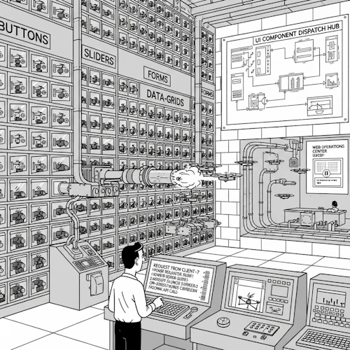 Inside the vast and highly-organized 'UI Component Dispatch Hub', located in the core of the research base, our protagonist, now the API Architect, oversees the operation. This hub is the 'Web API'.
The main feature of the room is a massive, wall-sized automated storage and retrieval system. This wall is a grid of thousands of small, sealed pods, each containing a specific, pre-fabricated 'MicroUI' component drone, ready for launch. Each section of the wall is clearly labeled: 'BUTTONS', 'SLIDERS', 'DATA-GRIDS', 'FORMS'.
The process is in full motion:
1. A request arrives at a central console via a teletype machine, printing a line like: 'REQUEST FROM CLIENT-7: `power-regulator-slider`'. This is the incoming API call.
2. Instantly, the system locates the correct pod in the 'SLIDERS' section. The pod's door illuminates with a green light.
3. A small, automated robotic arm plucks the drone from its pod and places it into a pneumatic launch tube.
4. With a whoosh of compressed air, the drone is fired off towards its destination.
Through a large schematic diagram on another wall, we can see the network of tubes leading directly to the 'Web Operations Center' where the user is, thus closing the loop with our previous image.
The art style is Ligne Claire, inspired by Hergé: clean, precise black outlines of uniform weight, bright flat colors with no shadows. The atmosphere is one of lightning-fast, invisible automation, the backbone that makes the dynamic, on-demand user experience possible. RS for the Web API