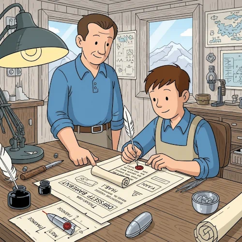 Inside a well-lit, organized workshop at a remote mountain outpost, the now-skilled young student is meticulously crafting a message. He sits at a sturdy wooden workbench, carefully writing a short, precise note on a small scroll of parchment. His mentor stands beside him, observing with an approving eye and pointing to a technical blueprint on the table that shows the exact dimensions of the scroll and the capsule it must fit into.
The student then carefully rolls the scroll and seals it with a drop of red wax before inserting it into a tiny, lightweight, aerodynamic metal capsule—the 'payload'. The scene is filled with the tools of a master craftsman: inkwells, quills, fine tweezers, and schematics.
The art style is Ligne Claire, inspired by Hergé: clean, precise black outlines of uniform weight, bright flat colors with no shadows or gradients. The background is filled with interesting technical and cartographical details, contrasting with the simply drawn, expressive characters. The overall atmosphere is one of precision, careful construction, and the satisfaction of creating a perfect, purpose-built message. Tutorial: How to build a message