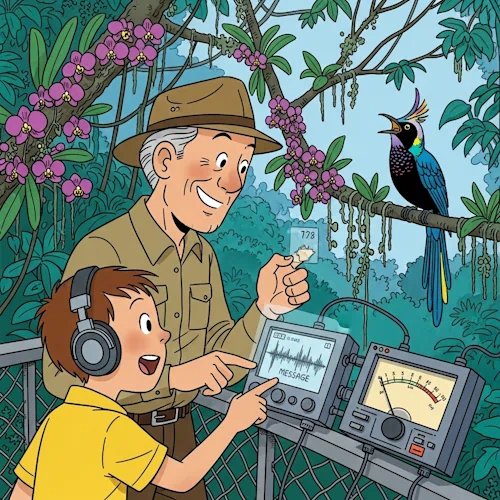 On the same high observation platform in the jungle canopy, the young student, wearing headphones, suddenly widens his eyes in a moment of pure discovery and joy. His mentor, the expert ornithologist, smiles knowingly and points to a small, glowing screen on their recording device.
On the screen, a clear, distinct audio waveform is being drawn in real-time—the visual proof of the 'message'. The needle on a connected analog meter is dancing energetically. In the distance, perched on a branch thick with orchids, a magnificent and rare bird with brilliantly colored plumage is visible with its beak open in song.
The art style is Ligne Claire, inspired by Hergé: clean, precise black outlines, bright flat colors with no shadows or gradients. The intricate, lush jungle background contrasts with the simple, expressive characters and their technology. The atmosphere is one of shared triumph, the successful culmination of careful preparation and patient waiting. Tutorial: How to catch a message
