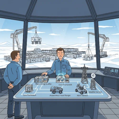 In a spacious, dome-like command hub with a panoramic window overlooking a vast, pristine arctic landscape, our protagonist, now the Lead Architect of the expedition, stands before a large, glowing tactical table. On the table are miniature models of various base modules. With a confident, focused expression, he orchestrates the final assembly of the entire research station being constructed outside.
He places a model of the main living quarters (the core framework), connects it with a luminous line to the autonomous rover hangar (a microservice), and positions the communication tower (a nano service) and the weather sensor array (another nano service) at strategic points. Outside, large robotic cranes are carefully lowering these exact, full-sized modules into place, bringing his blueprint to life. The original mentor, now the Expedition Director, stands beside him, hands clasped behind his back, looking on with immense pride.
The art style is Ligne Claire, inspired by Hergé: clean, precise black outlines of uniform weight, bright flat colors with no shadows. The background is a stunning, detailed panorama of the arctic and the modular base. The overall atmosphere is the pinnacle of achievement, a moment of masterful orchestration where all the individual components a user has learned to build finally come together to form a magnificent, functional whole. Tutorial: How to create an application