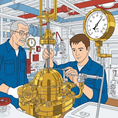 Inside the immaculate and powerful engine room of a large oceanographic research vessel, the seasoned Chief Engineer, our mentor, oversees the young, now-capable technician. The technician is making a very precise adjustment to a central, gleaming brass engine governor—the core regulatory device of the massive engine.
Using a special calibration tool, he carefully turns a set screw on the complex device. A large, nearby pressure gauge responds with a smooth, steady change, indicating the successful modification of the engine's core behavior. The room is a pristine labyrinth of brightly colored pipes, polished brass fittings, and analog dials. The technician's face is one of deep concentration, aware of the importance of this change.
The art style is Ligne Claire, inspired by Hergé: clean, precise black outlines of uniform weight, bright flat colors with no shadows or gradients. The background is filled with fascinating, clean technical detail. The atmosphere is one of responsibility, precision, and the power of fine-tuning a complex system from its very core. Tutorial: How to edit Java Preferences