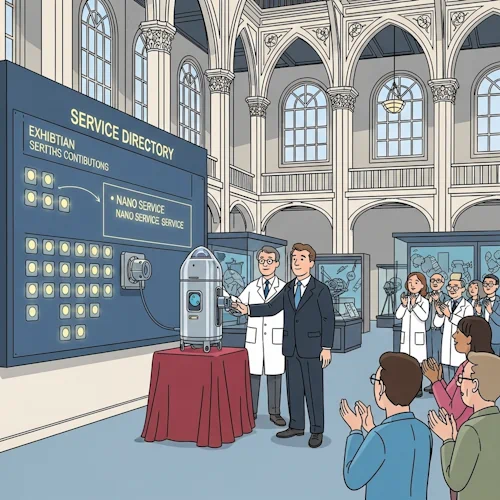 In the grand Exhibition Hall of the 'International Society of Oceanographers', our protagonist, now a respected young scientist in a smart suit, stands proudly beside his mentor. Before them, on a velvet-draped pedestal, rests the sleek, silver sensor pod—the 'nano service' he developed.
With a ceremonial gesture, he connects the pod to a large, public 'Service Directory' board on the wall, which is covered in glowing ports from other contributors. The moment he connects it, a new entry with his name and the service's function illuminates on the board for all to see. A small, diverse crowd of fellow scientists and explorers from around the world looks on and begins to applaud warmly. The hall is a magnificent space with high-arched windows, detailed architectural features, and exhibits of other great discoveries.
The art style is Ligne Claire, inspired by Hergé: clean, precise black outlines, bright flat colors with no shadows. The grand, detailed hall provides a stunning backdrop for the clear, emotional moment. The atmosphere is one of profound achievement, public recognition, and the joy of contributing a new, valuable tool to the community. Tutorial: How to offer a nano service