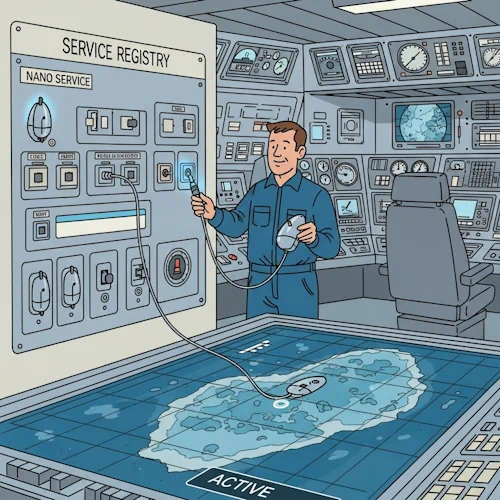 Inside the main control room of the high-tech oceanographic research vessel, our now fully-fledged specialist, under the watchful eye of the mission director, is registering a new 'nano service'. He holds a small, highly-specialized sensor pod, shaped like a sleek silver teardrop—this is the nano service.
He carefully plugs its thin, coiled cable into a designated, labeled socket on a large, wall-mounted 'Service Registry' panel. Instantly, the socket's border illuminates with a soft blue light. On a massive, semi-holographic map of the ocean floor displayed in the center of the room, a new, corresponding icon appears and blinks once, now showing its location and 'active' status. The specialist gives a small, satisfied nod. The mission director smiles approvingly.
The art style is Ligne Claire, inspired by Hergé: clean, precise black outlines of uniform weight, bright flat colors with no shadows or gradients. The control room is filled with an array of fascinating retro-futuristic dials, screens, and neatly organized controls, all rendered with clarity and precision. The atmosphere is one of professional integration, showing how a small, specialized unit is officially made part of the larger, interconnected system. Tutorial: How to register a nano service