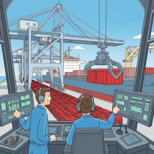 In a bustling but perfectly organized cargo terminal on a bright, sunny day, our protagonist, now a proficient logistics operator, sits in the high-tech control cabin of a colossal gantry crane. His mentor, the Port Supervisor, stands beside him, pointing to a sequence on a digital console. The operator is inputting the final parameters for a large-scale loading operation.
Below them on the dock, a long, neat queue of hundreds of identical, bright red supply crates awaits processing. The crane is already working autonomously, its massive grabber smoothly picking up one crate after another and precisely placing it onto the deck of a huge research cargo ship. The process is a seamless, rhythmic display of powerful automation.
The art style is Ligne Claire, inspired by Hergé: clean, precise black outlines of uniform weight, bright flat colors with no shadows or gradients. The intricate detail of the crane, the ship, and the port contrasts with the simply drawn, expressive characters. The overall atmosphere is one of impressive scale, powerful efficiency, and the mastery of handling complex, repetitive tasks with ease and precision. Tutorial: How to use the job engine for bulk tasks