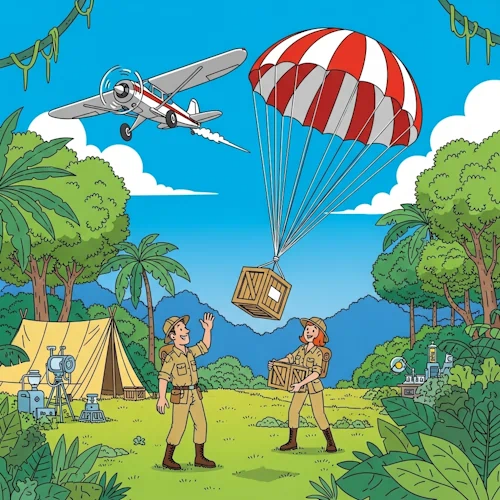 In a vibrant clearing in a lush jungle, a small, classic propeller plane makes a low pass overhead, dropping a sturdy supply crate attached to a large, red-and-white striped parachute. On the ground, a team of two cheerful explorers—a man and a woman in khaki adventure outfits—look up with joyful anticipation. The man waves enthusiastically at the plane, while the woman prepares to secure the precious cargo. Their small base camp, with a tent and some scientific instruments, is visible in the background, surrounded by detailed, exotic jungle foliage.
The art style is Ligne Claire, inspired by Hergé: clean, precise black outlines of uniform weight, bright flat colors with no shadows or gradients. The overall atmosphere is one of exciting delivery and receiving a much-needed resource in the middle of a grand adventure. Downloads