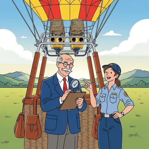 On a bright, crisp morning in a wide, grassy field, a veteran inspector from a prestigious aeronautics club, a kind-faced older man with a mustache and a formal blazer, is performing a pre-flight check on a magnificent, brightly-colored hot air balloon. He is carefully examining the gleaming brass burner system with a magnifying glass, while making a checkmark on his clipboard with a satisfied nod. The young, confident female pilot of the balloon stands beside him, pointing out a feature and smiling. In the background, rolling hills are bathed in the golden light of sunrise.
The art style is Ligne Claire, inspired by Hergé: clean, precise black outlines of uniform weight, vibrant flat colors with no shadows or gradients. The intricate details of the balloon's basket and burner contrast with the simply drawn characters. The overall atmosphere is one of professional diligence, mutual respect, and the shared excitement before a journey. LicenseCheck