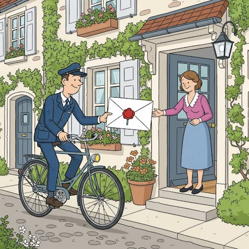 A friendly and discreet postal courier on a classic bicycle carefully hands a sealed envelope to a kind-faced woman standing in the doorway of her charming, ivy-covered cottage. The envelope is thick and important-looking, closed with a prominent red wax seal, symbolizing confidentiality. The courier tips his cap with a respectful smile, and the woman receives the letter with a look of calm trust. The scene takes place on a quiet, cobblestone street in a picturesque European village. Flower boxes adorn the windows, and the background is filled with architectural detail.
The art style is Ligne Claire, inspired by Hergé: clean, precise black outlines of uniform weight, bright flat colors with no shadows or gradients. The composition is clean and harmonious. The overall atmosphere is one of serene trust and respect for personal correspondence, a visual metaphor for data privacy. Privacy