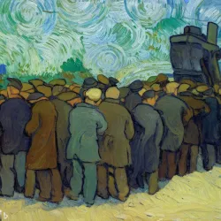 A queue of workers waiting in front of a machine, van Gogh