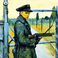 A gatekeeper with rifle at the barrier, van Gogh