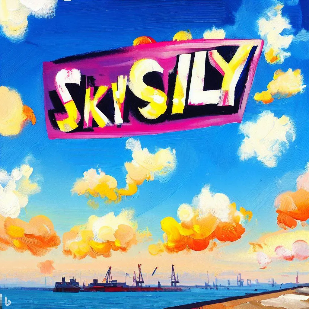 Bing: the word "sillysky", in front of port in the sun with colorful clouds, acryl