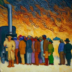 A queue of workers waiting in front of a machine, van Gogh