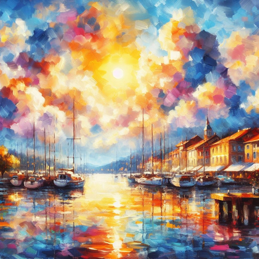 Bing (DALL-E 3): A port in the sun with colorful clouds, acryl
